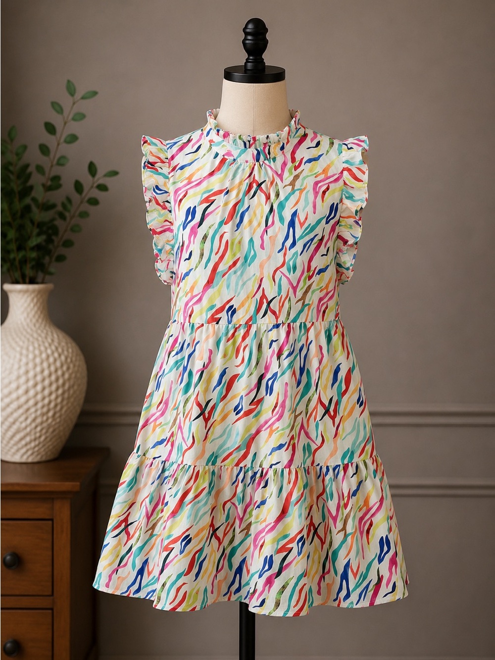 THML Colorful Multi Animal Stripe Ruffle Dress
